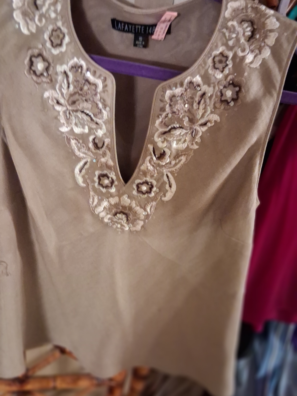 Lafayette 148 New York Taupe Embellished V‑Neck Tunic